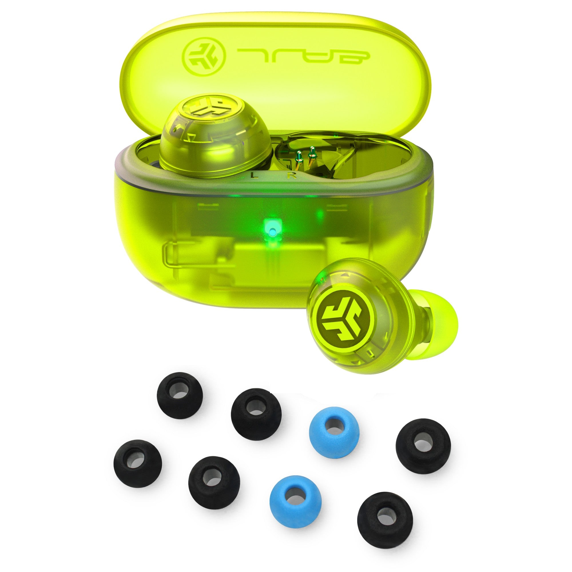 jlab-go-pop-anc-transparent-neon-green-true-wireless-earbuds-cloud-foam-tips-bun image 1